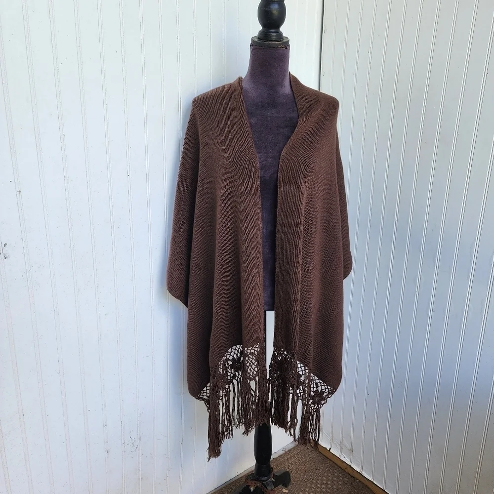 Neck Scarf Wrap Hand Crochet Cozy Brown Flowers Knit Detail Fringe 86